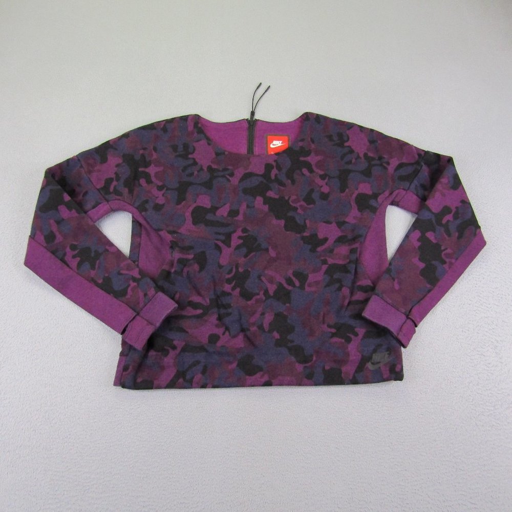 Nike Sweatshirt Womens Small Purple Tech Fleece Camouflage Crew Back Zip Sweater